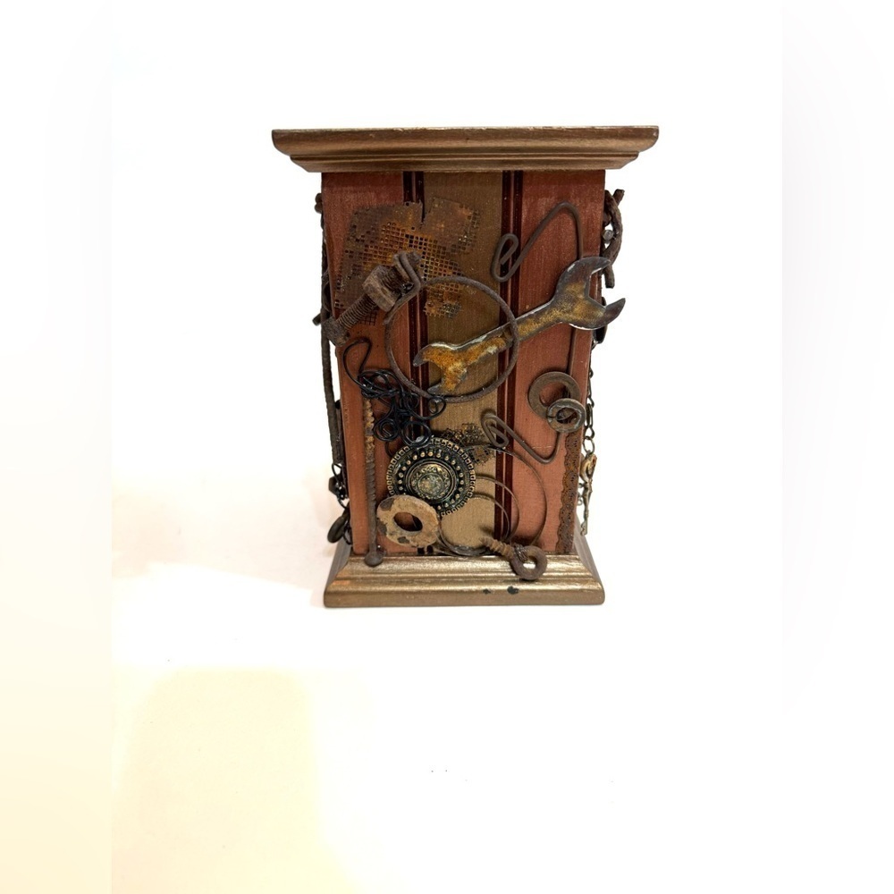 Steampunk Knickknack Pencil Holder Trinket Holder Eclectic Design Wood and Metal